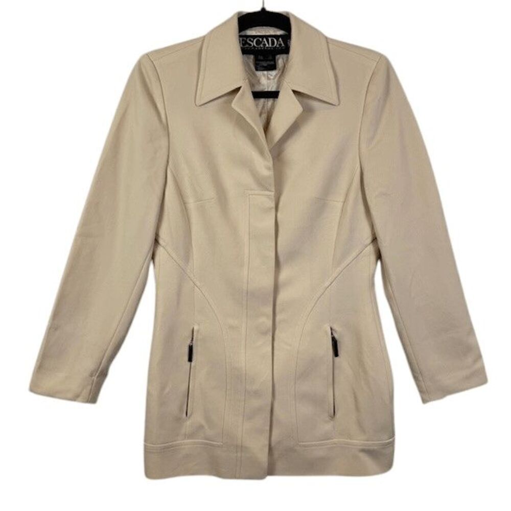Vintage Wool‎ Escada Margaretha Ley Tailored Blazer Zipper Pockets Cream Size 4
